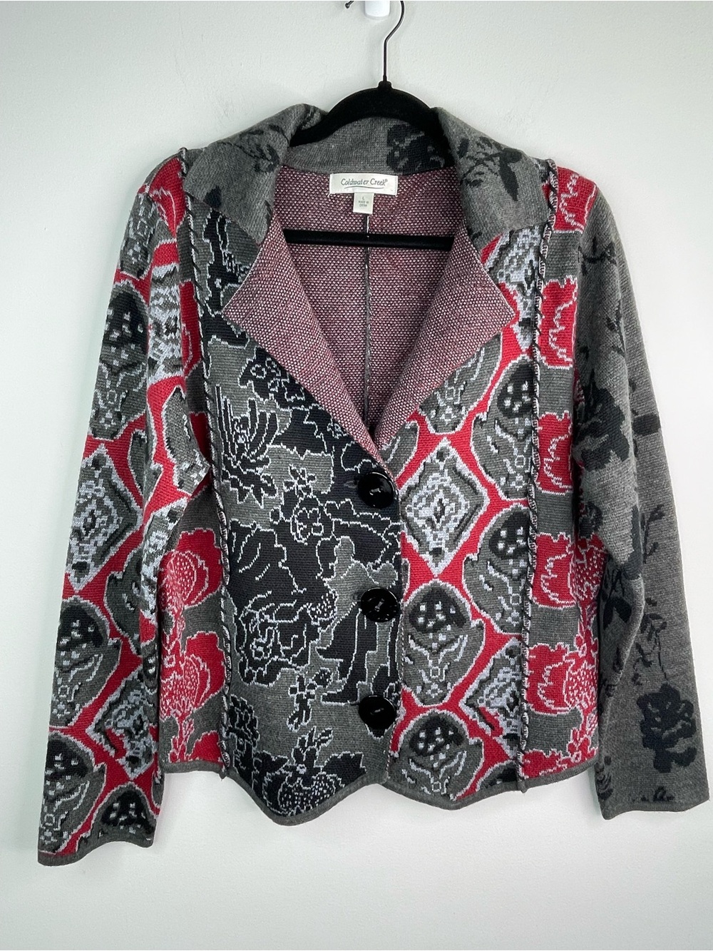 Coldwater Creek Gray, Black & Red Geometric Jacquard Patterned Knit Cardigan